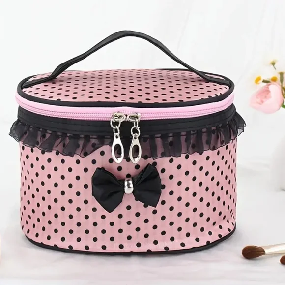 🆕️EXTRA LARGE VINTAGE PINK & BLACK POLKA DOT ZIPPERED COSMETIC BAG WITH POCKETS - Picture 4 of 17